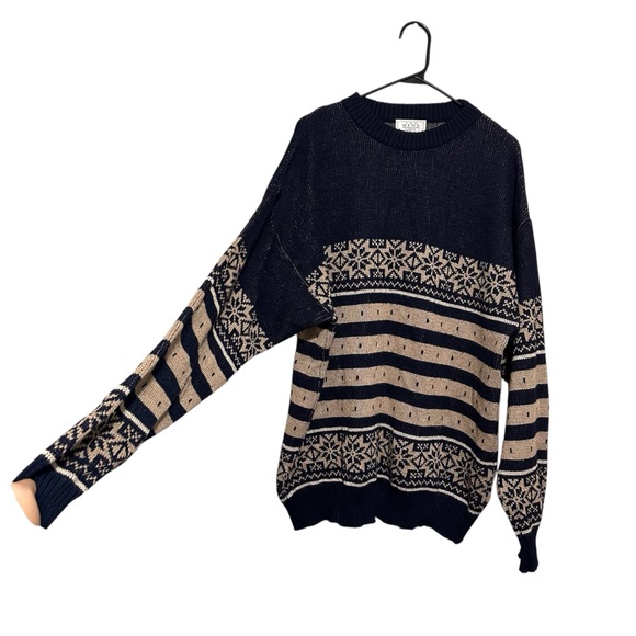 Men's Navy and Beige Patterned Sweater Oversized - Picture 3 of 6